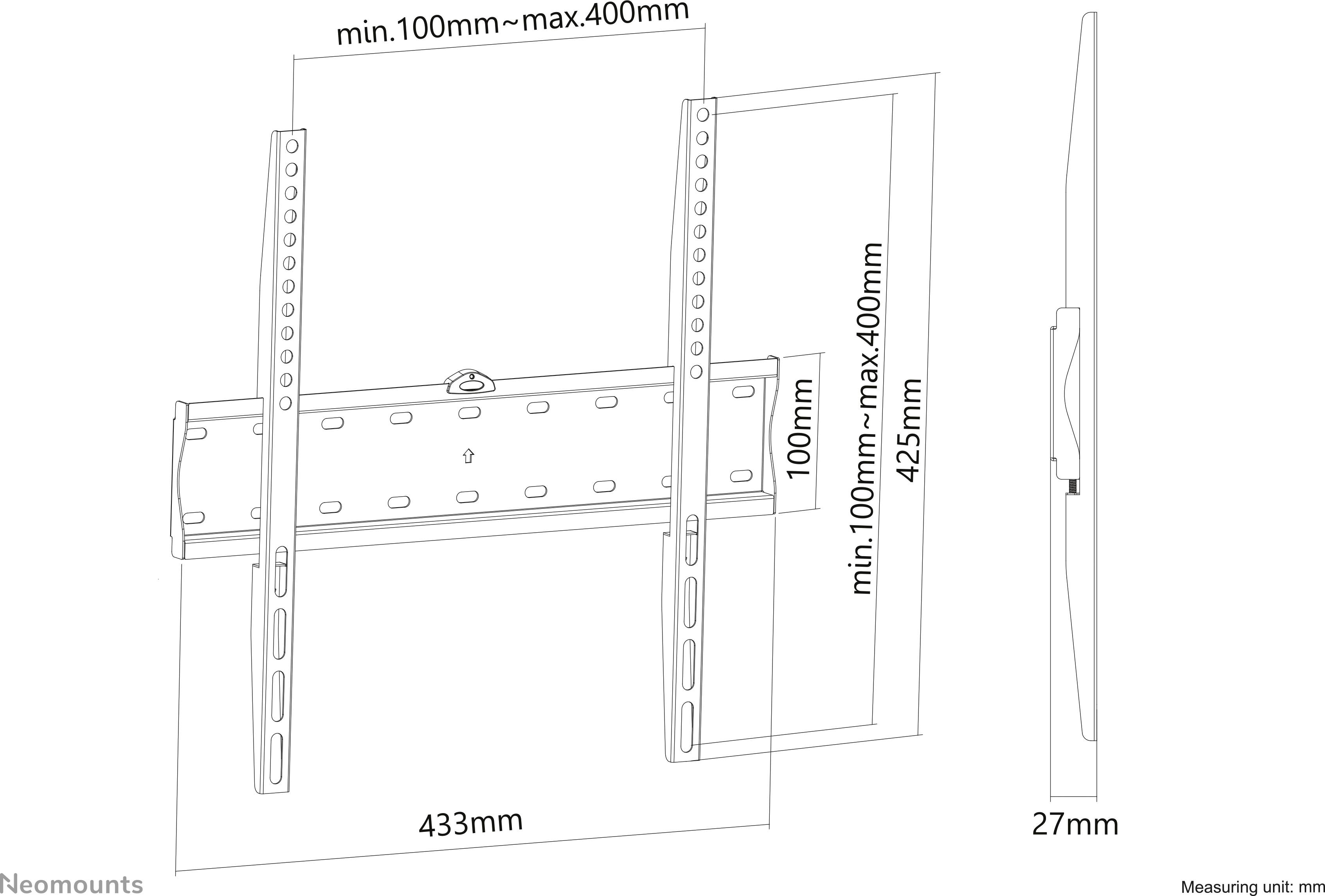 TV-Wandhalterungsdiagramm zeigt Abmessungen: Breite 433mm, Höhe 425mm, Tiefe 27mm. VESA-kompatibel, einstellbare Breite 100-400mm.