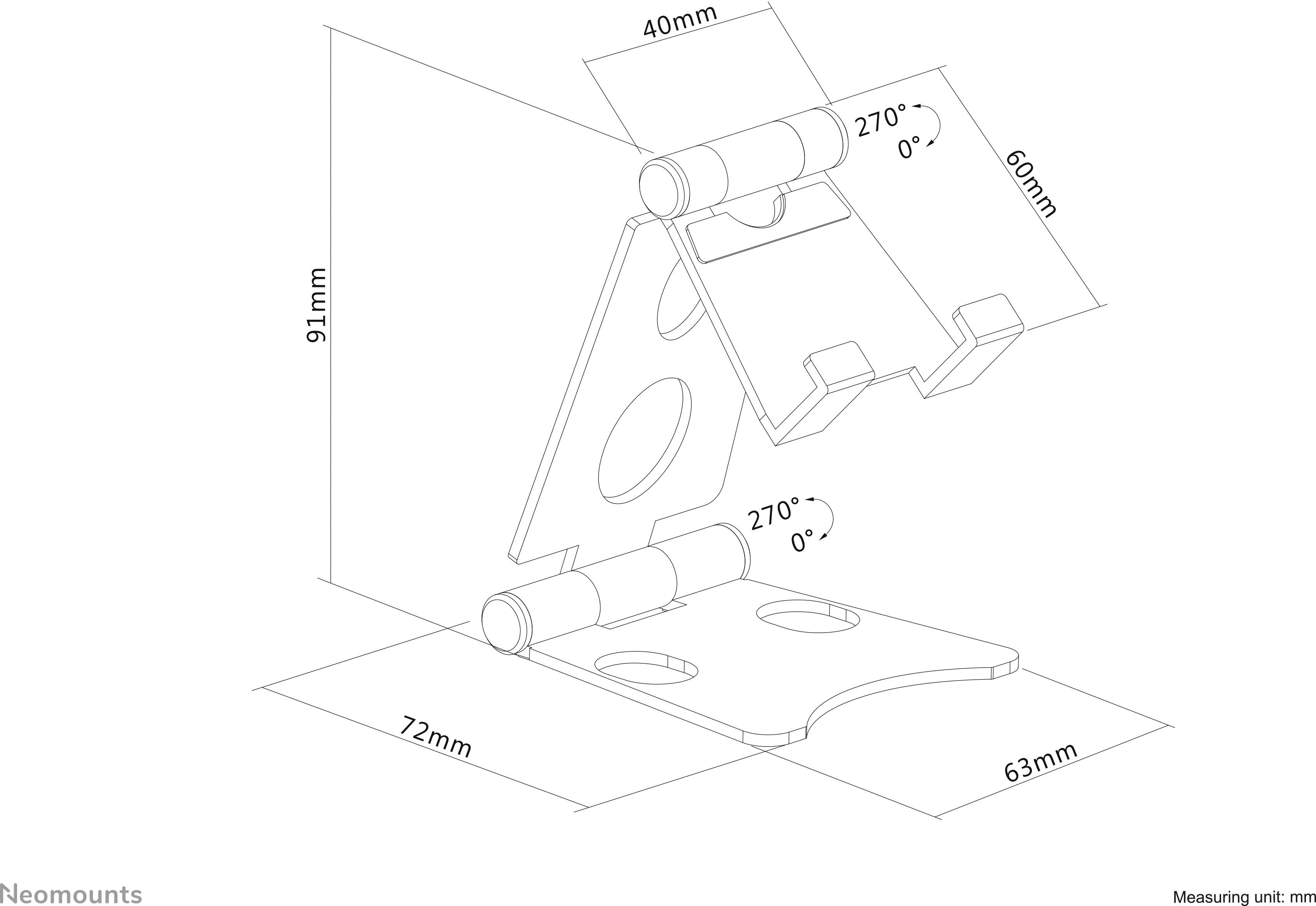 Schwenkbarer Ständer mit Maßen: 91mm hoch, 72mm tief, 63mm breit. Erste Neigung 0-270°, zweite Neigung 0-270°.