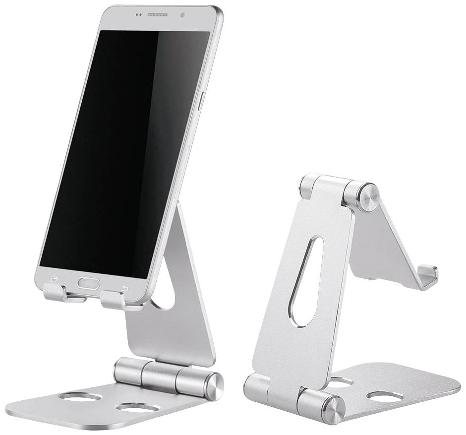 Smartphone-Halterung aus silbernem Metall. Zeigt zwei Ansichten: Eine mit einem Smartphone vertikal platziert, die andere ohne Gerät.