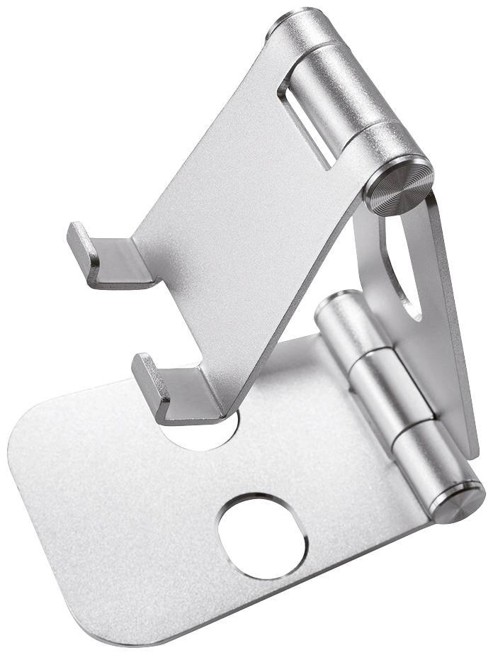 Ein silberner, klappbarer Handyhalter aus Metall mit zwei Halterungsarmen und runden Aussparungen an der Basis.