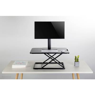 Ein höhenverstellbarer Schreibtischständer mit Monitor, Tastatur und Maus darauf. Daneben ein Buchstapel und ein kleiner Kaktus.