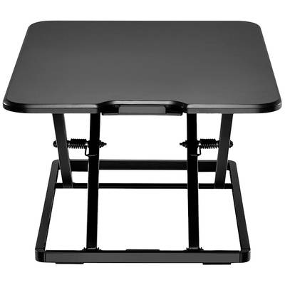 Ein höhenverstellbarer Schreibtischaufsatz in Schwarz, ideal für ergonomisches Arbeiten im Büro oder zu Hause.