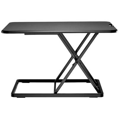 Ein höhenverstellbarer Stehschreibtisch mit flacher, schwarzer Oberseite und X-förmigem Gestell. Ideal für ergonomisches Arbeiten.