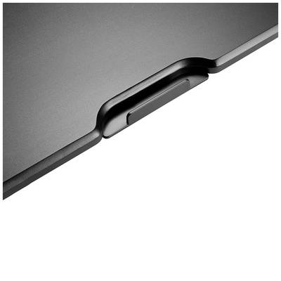 Ein schwarzer Laptop in der Nähe seiner Scharnierseite, fokussiert auf das mittig platzierte Scharnier.