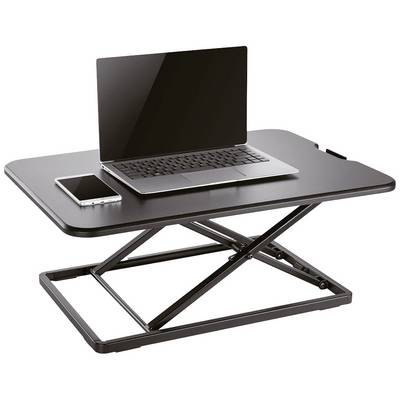Laptop und Smartphone auf höhenverstellbarem Schreibtischaufsatz. Der Aufsatz steht in niedriger Position, geeignet für ergonomisches Arbeiten.