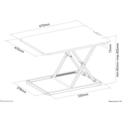 Technische Zeichnung eines höhenverstellbaren Tisches mit Maßen: Breite 670mm, Tiefe 470mm, minimale Höhe 45mm, maximale Höhe 405mm.