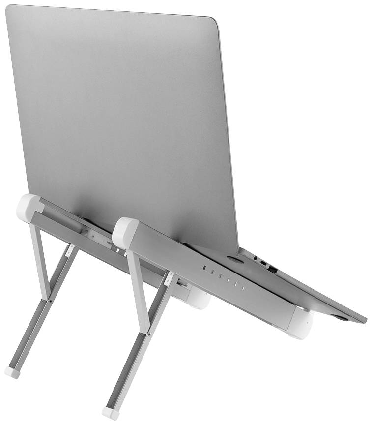 Zusammenklappbarer silberner Laptop-Ständer aus Aluminium mit verstellbaren Beinen für ergonomische Arbeitshöhe.