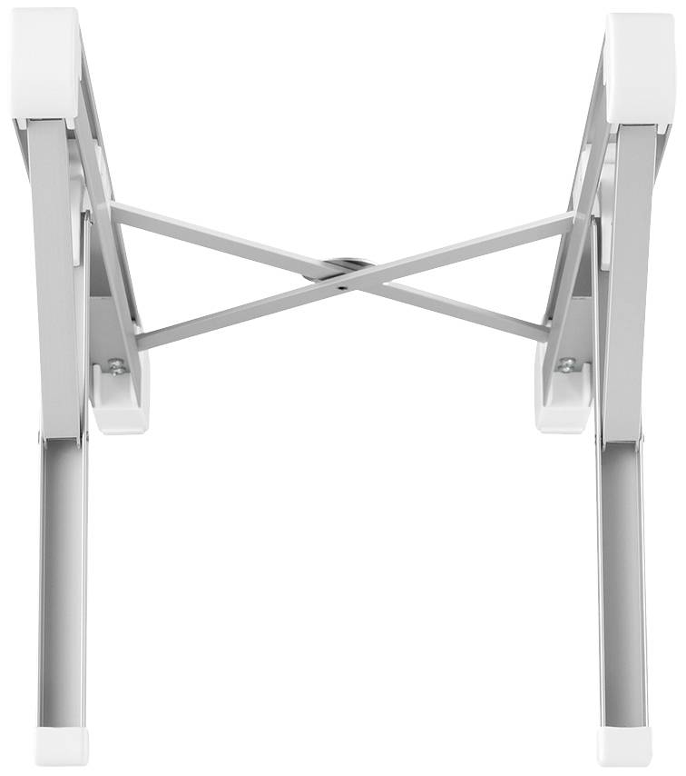 Ein zusammengeklappter weißer Metallstuhl von unten gesehen, zeigt den X-förmigen Stützrahmen und die Beinkonstruktion.