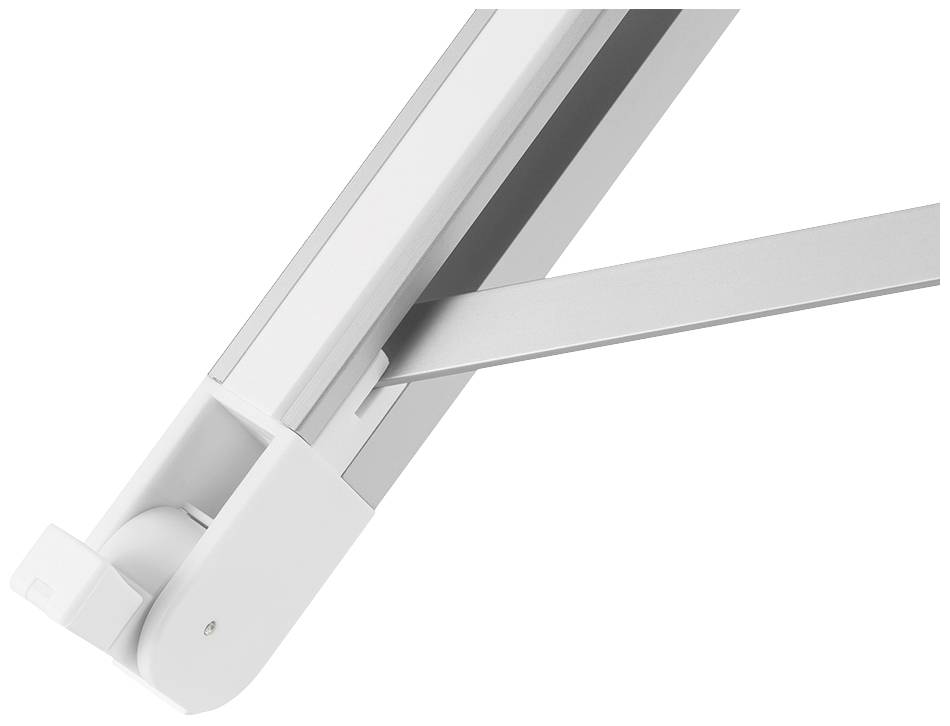 Nahaufnahme eines Gelenkarms einer Markise. Das Bild zeigt die solide Bauweise des Arms und die Scharniere.