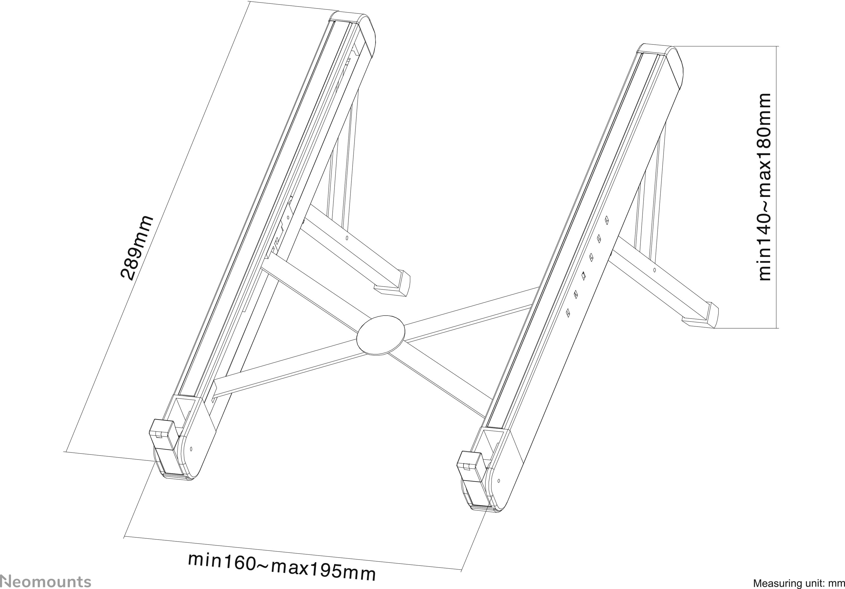 Ständer für Bildschirm mit verstellbarer Breite und Höhe. Maße: Breite 160-195mm, Höhe 140-180mm, Tiefe 289mm.