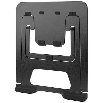 Ein schwarzer Laptop-Ständer aus Metall, stehende Position, minimalistisch gestaltet, hält den Laptop aufrecht und spart Platz auf dem Schreibtisch.