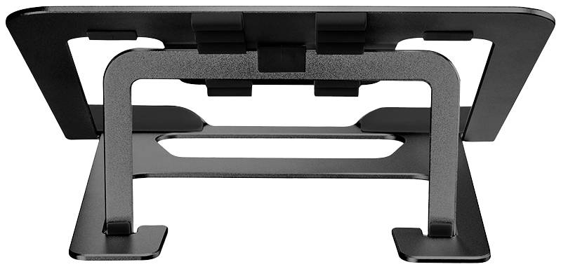 Ein schwarzer, verstellbarer Laptopständer aus Metall. Seitenansicht, zeigt eine solide Konstruktion und Belüftungsschlitze.