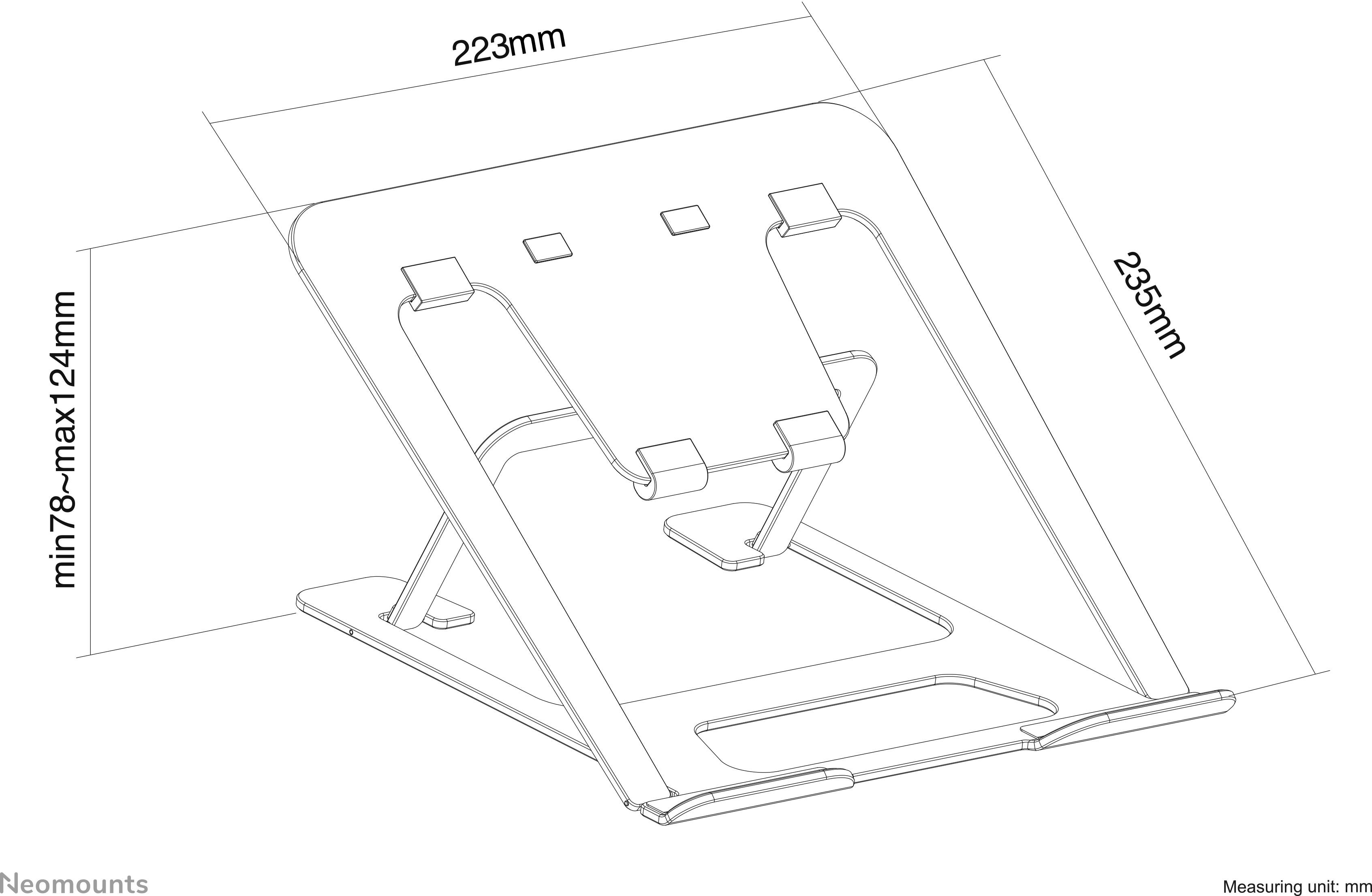Laptopständer mit verstellbarer Höhe. Abmessungen: Breite 223 mm, Tiefe 235 mm, Höhe 78-247 mm. Zeichnung zeigt seitliche Ansicht.