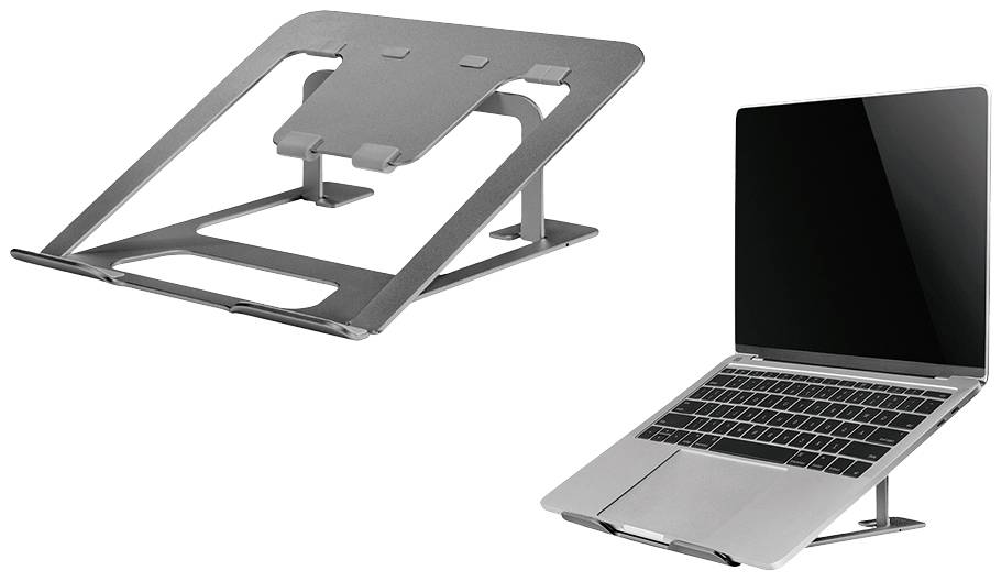 Laptop auf einem verstellbaren Aluminium-Ständer, der die Ergonomie beim Arbeiten verbessert. Der Bildschirm ist auf Augenhöhe.
