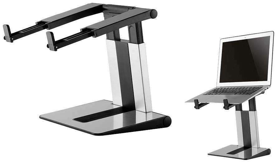 Ein verstellbarer Laptopständer aus Metall. Links leer, rechts mit einem Laptop darauf platziert. Erhöht die Sichtbarkeit und Ergonomie.