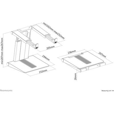 'Technische Zeichnung eines höhenverstellbaren Ständers mit Abmessungen: Breite 236 mm, Höhe 26 mm, variable Tiefe 167-232 mm.'