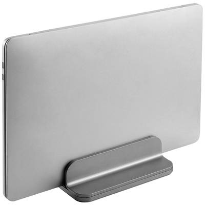 Ein silberner Laptop steht vertikal in einem grauen Ständer. Der Fokus liegt auf der schlanken Form des Laptops und dem stabilen Ständer.