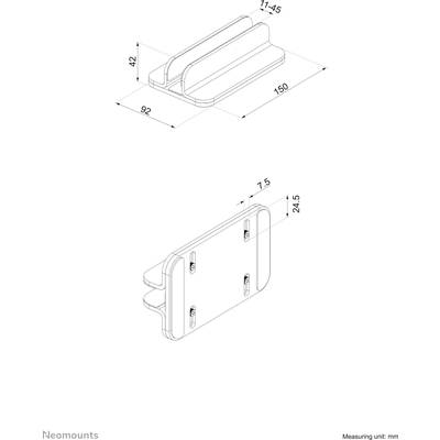 'Technische Zeichnung einer Halterung mit Maßen: 150 mm Länge, 42 mm Breite, 92 mm Höhe. Maßeinheit: mm.'