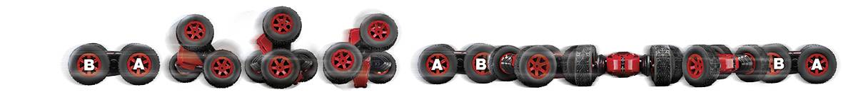 Eine Reihe von schwarz-roten Rädern mit weißen Buchstaben darauf. Einige Räder sind verkleinert und unscharf, in einer horizontalen Linie angeordnet.
