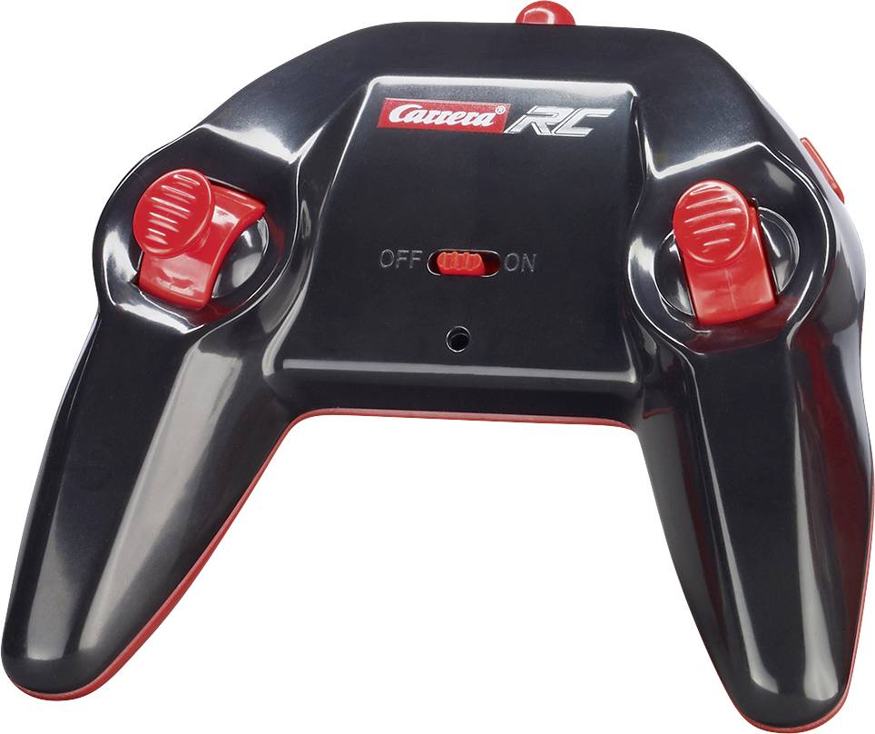 Schwarzer und roter Rennwagen-Fernsteuerung mit Knöpfen für Lenkung und Geschwindigkeitskontrolle. Aufschrift: 'Carrera RC'.