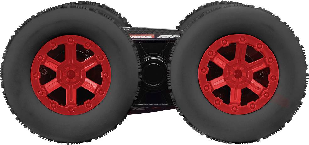 Ein ferngesteuertes Auto liegt auf dem Rücken, zeigt zwei große, rote Räder mit grobem Profil, die nach oben gerichtet sind.