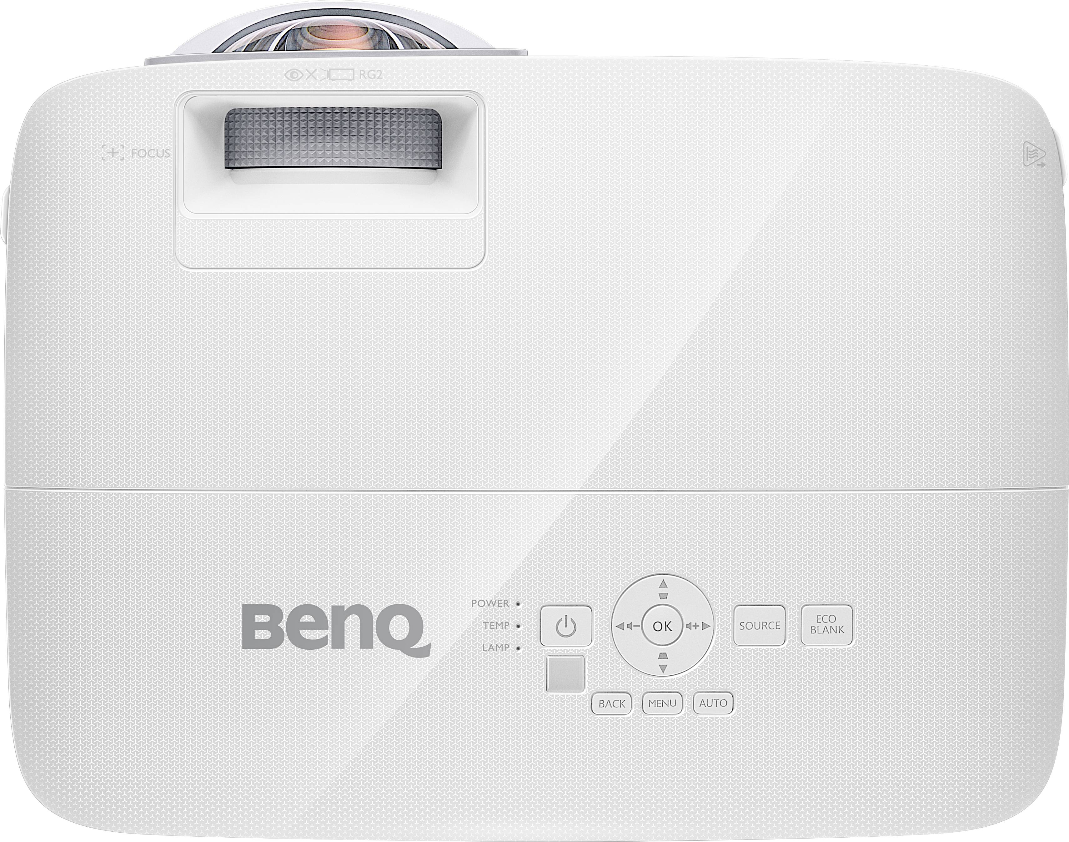 Ein weißer Projektor von BenQ mit Markenlogo und Bedienelementen für Power, Quelle und Autoeinstellung auf der Oberseite.
