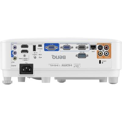 Der Rücken eines Projektors mit verschiedenen Anschlüssen wie HDMI, USB, VGA und Audio, geeignet für Multimedia-Verbindungen.