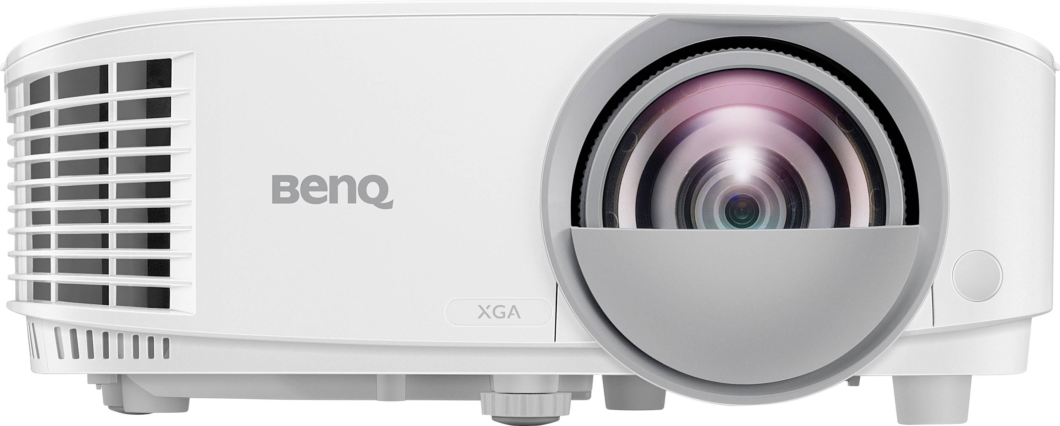 Ein weißer Projektor der Marke BenQ, Modell XGA, mit einem hervorstehenden Objektiv, geeignet für Präsentationen und Heimkino.