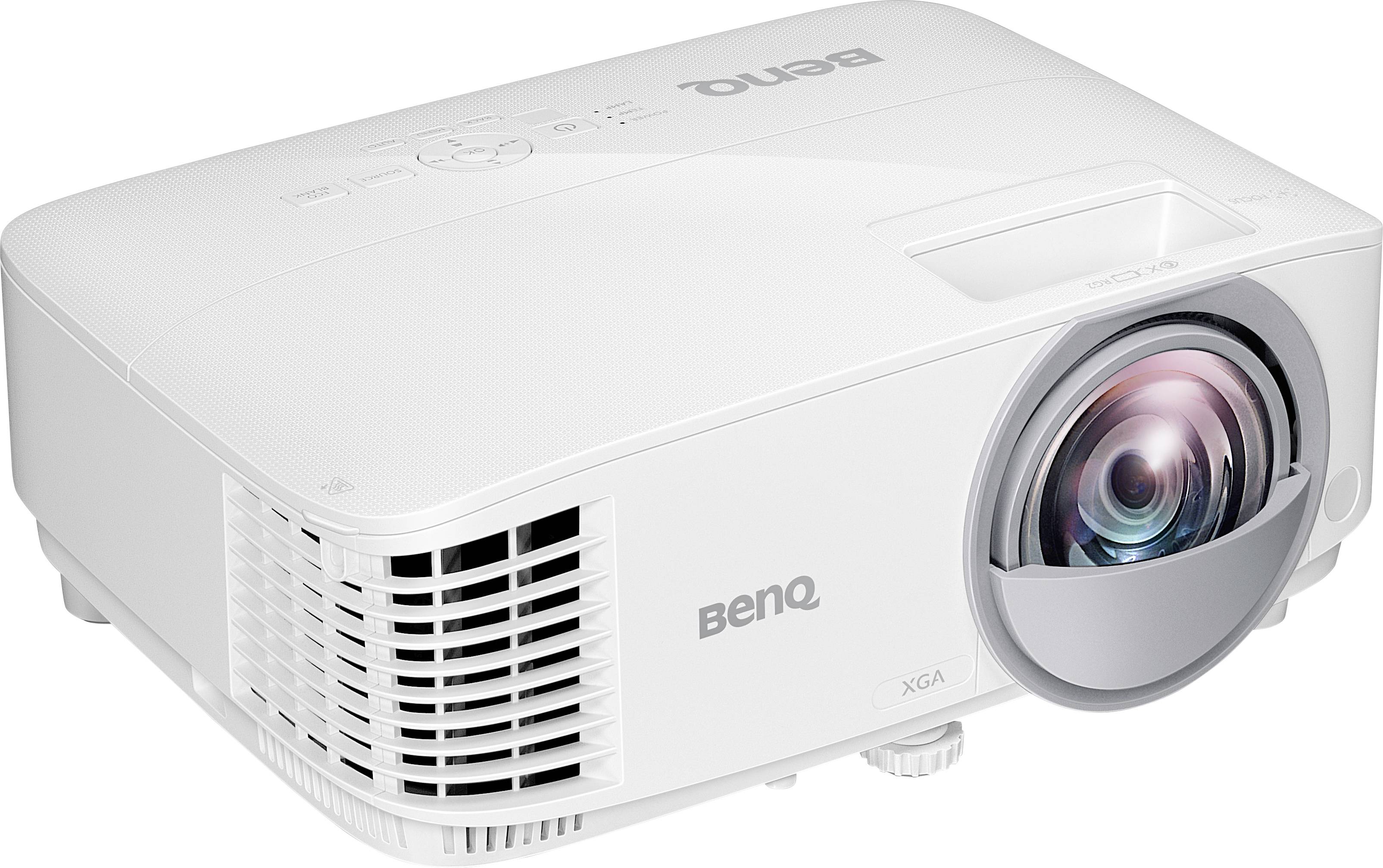 Ein weißer Projektor von BenQ mit moderner Linse. Geeignet für Präsentationen und Heimkino.