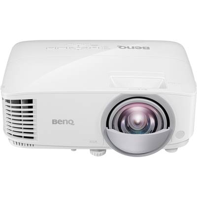 Ein weißer BenQ-Projektor frontalansicht mit sichtbar großer Linse und Lüftungsschlitzen links, geeignet für Präsentationen.