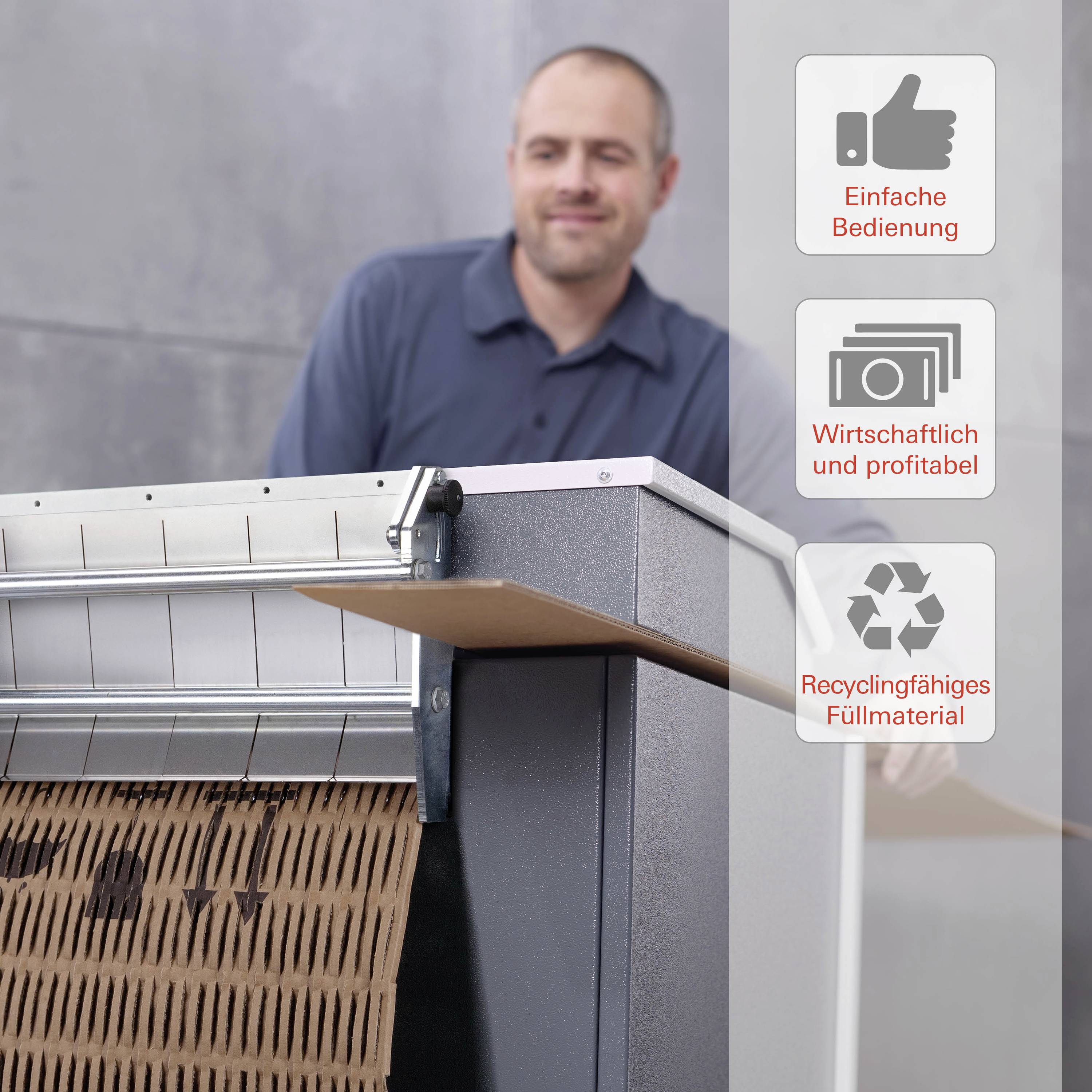 Ein Mann steht neben einer recycelbaren Füllmaterial-Maschine, die Pappe zerkleinert. Text daneben: 'Einfache Bedienung', 'Wirtschaftlich und profitabel', 'Recyclingfähiges Füllmaterial'.