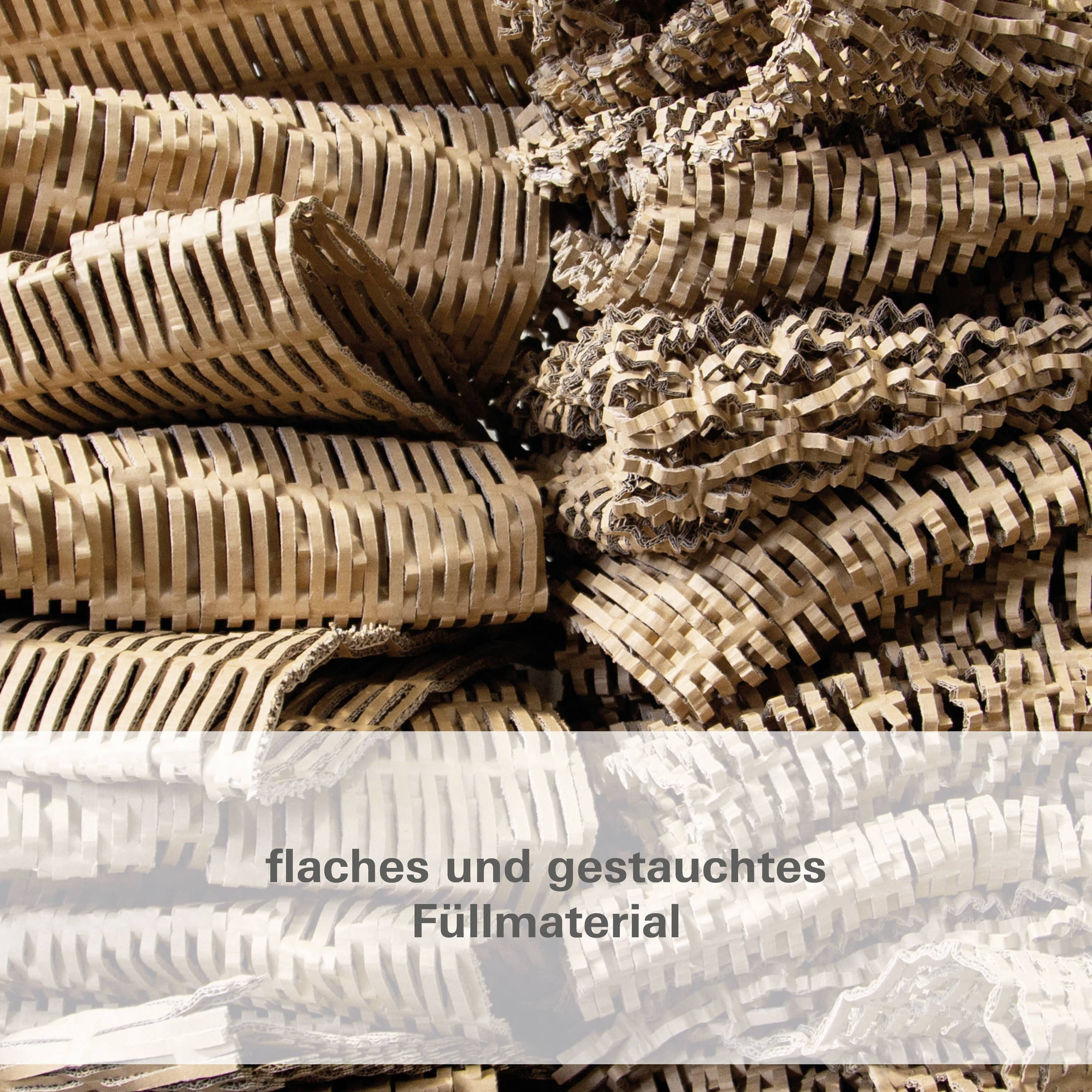 Flache und gestauchte Füllmaterialien aus Wellpappe sind übereinander gestapelt. Sie bieten Schutz und Polsterung für den Versand.