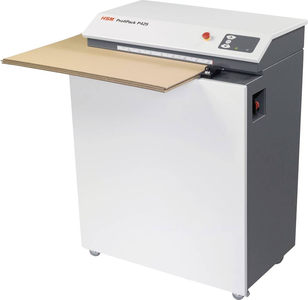 Ein Pappschredder, Modell 'HSM ProfiPack P425', zeigt eine Kartonzufuhr. Das Gerät steht auf Rollen und hat Bedienelemente an der Oberseite.