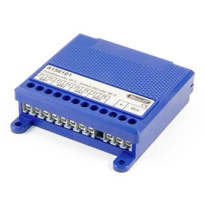 Blauer Schaltdecoder mit mehreren Anschlüssen, Modellnummer '8156101', von Massoth. Wird für digitale Modellbahnsysteme verwendet.