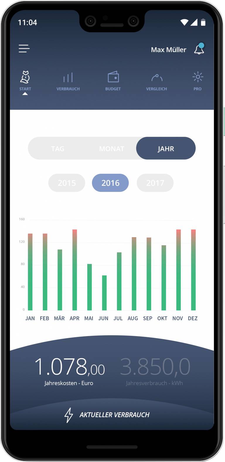 'Smartphone-Bildschirm mit Energieverbrauchsdiagramm. Balkendiagramm zeigt monatlichen Verbrauch für 2016. Maximale Kosten: 1078 Euro.'