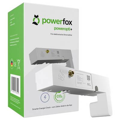 Verpackung für den elektronischen Energiezähler 'powerfox poweropti+'<br><br>- Abbildung des Geräts<br>- CE-Kennzeichnung<br>- QR-Code<br>- Fokus auf intelligente Energienutzung