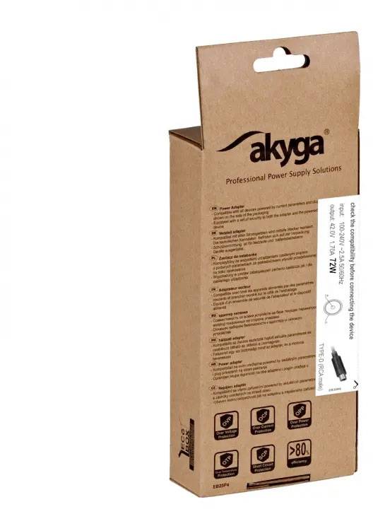 Braune Kartonverpackung mit 'akyga' Logo, Angaben zu einem Netzteilmodell, technische Daten und Grafiken auf der Seite.