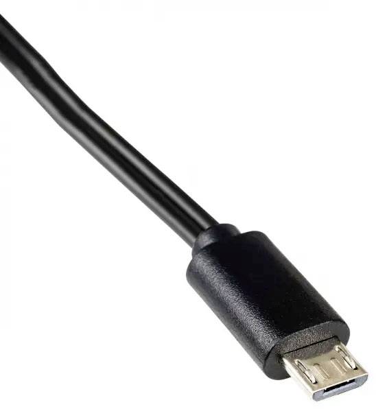 Schwarzes Micro-USB-Kabel zur Datenübertragung und zum Aufladen von Geräten.