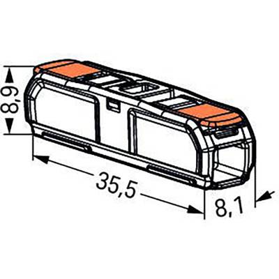 Schwarz-weiß Skizze eines rechteckigen Gegenstands, vermutlich ein technisches Bauteil, mit den Maßen 35,5 cm Länge und 8,1 cm Breite.