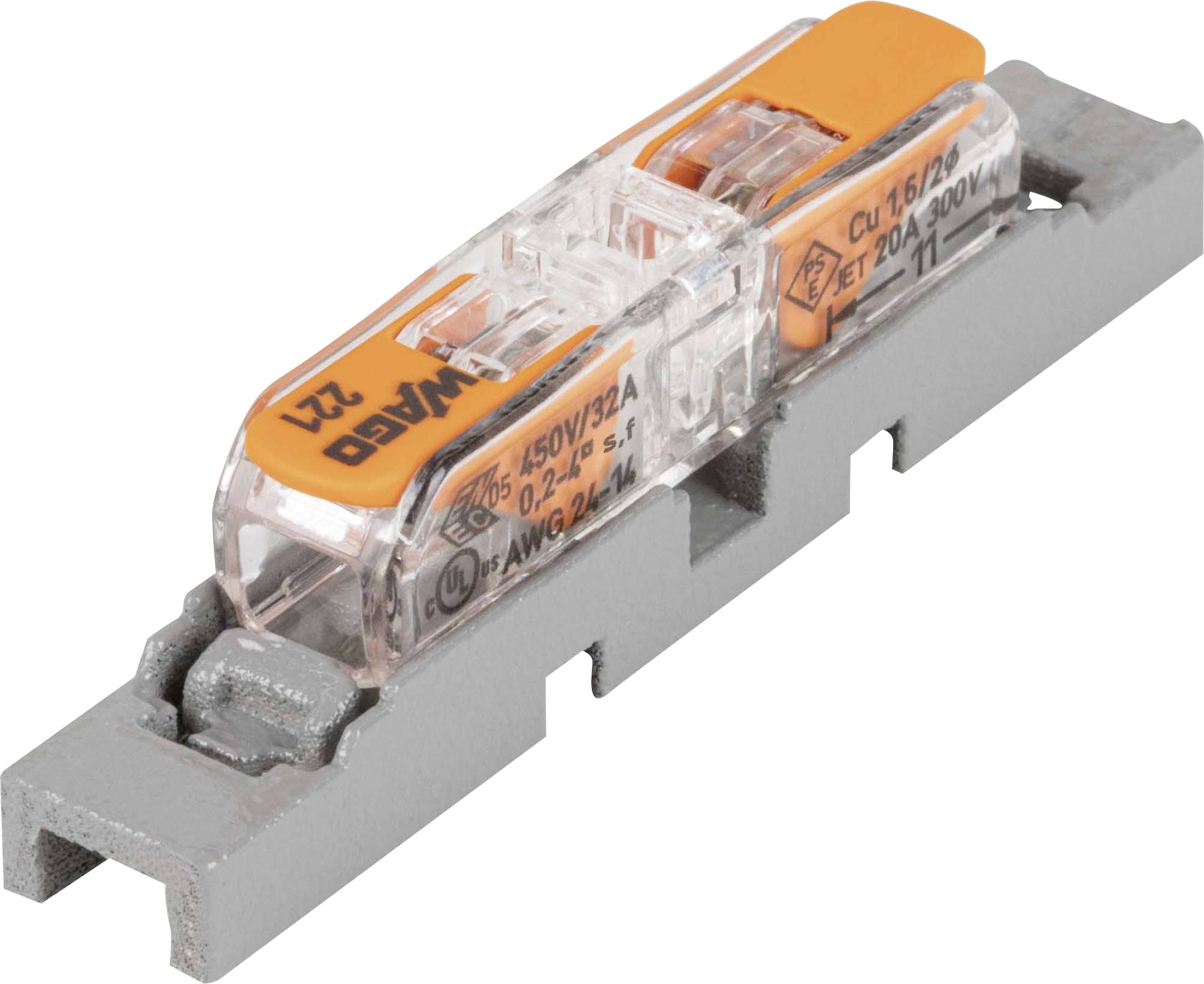Elektrischer Steckverbinder mit grauer Basis und transparenter Klemme, orange Hebel, beschriftet mit 'WAGO 221', für Kabelverbindungen.