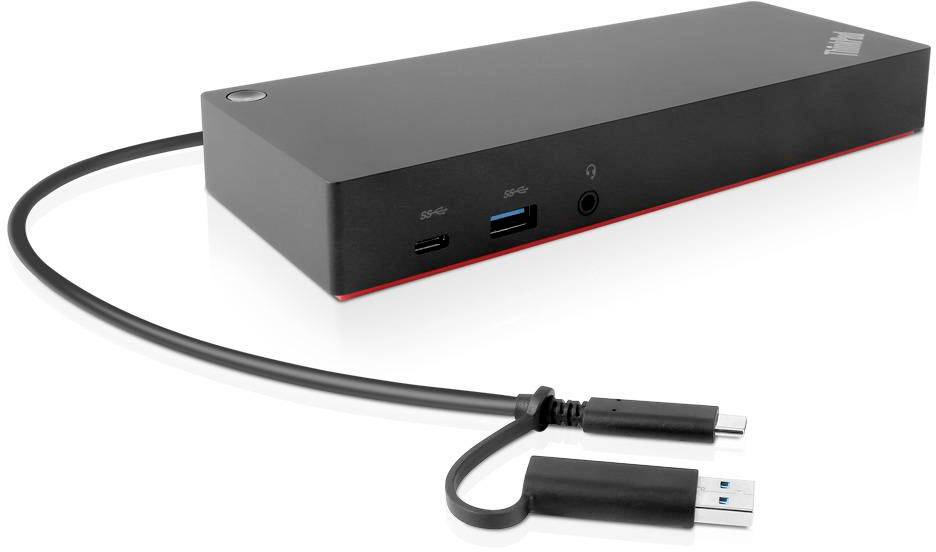 Externe schwarze Dockingstation mit USB-Anschlüssen und Netzwerkkabel, geeignet für den Anschluss mehrerer Geräte an einen Laptop.