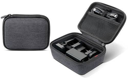 'Schwarzes Etui' mit offenem Fach, Kabel und Adapter organisiert sichtbar. Ideal zur Aufbewahrung elektronischer Zubehörteile.