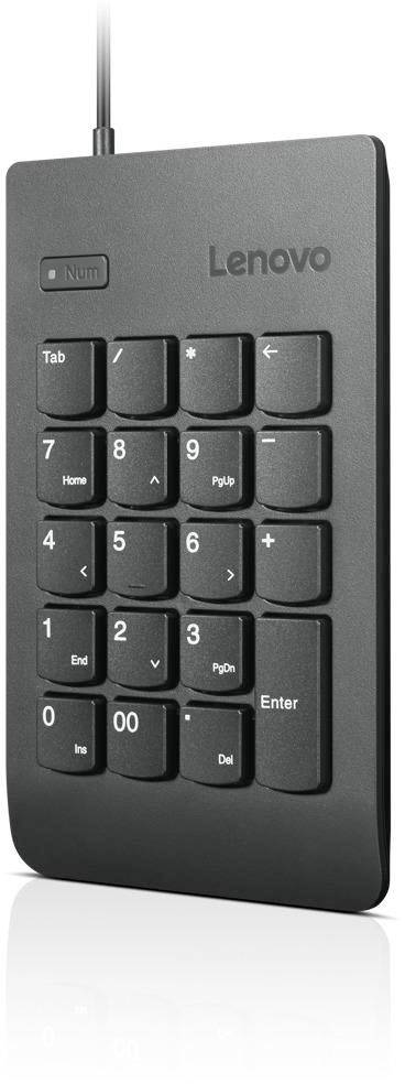 Externe numerische Tastatur von Lenovo in Schwarz mit Kabelanschluss. Enthält Zahlen von 0-9, Funktionstasten und Enter.