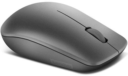 Graue kabellose Computermaus mit ergonomischem Design und Scrollrad, auf weißem Hintergrund. Geeignet für den Einsatz mit Laptops.