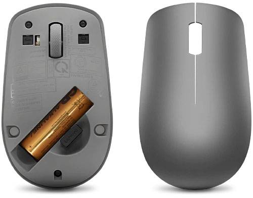 'Graue kabellose Computermaus.' Rückseite zeigt einen geöffneten Batteriefach mit eingelegter Batterie.