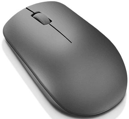 Graue kabellose Computermaus mit glatter Oberfläche und einem Scrollrad in der Mitte, auf einem weißen Hintergrund.