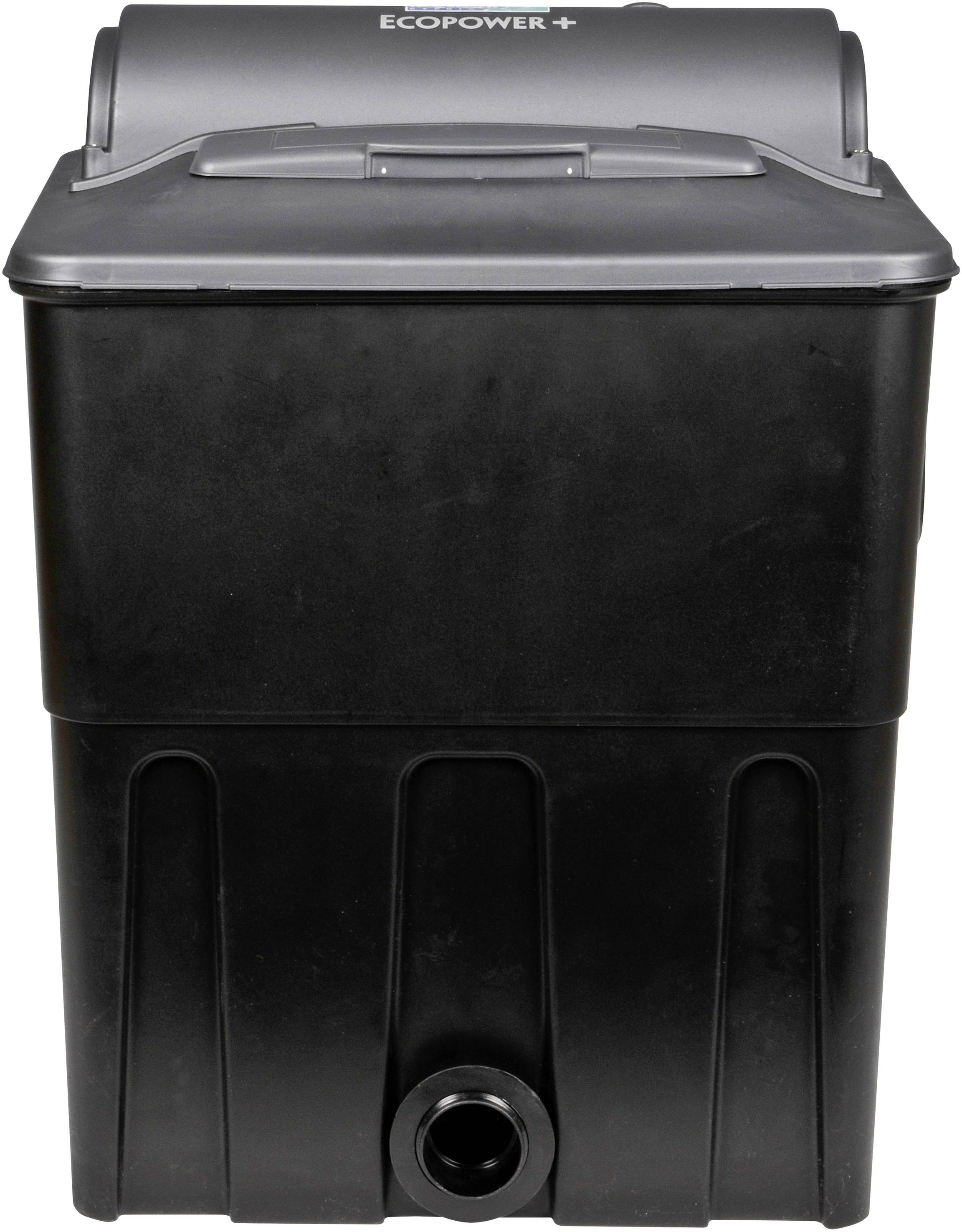 Schwarzer, quadratischer Filterbehälter mit der Aufschrift 'Ecopower+' auf dem Deckel, vermutlich für Wasserfiltration.
