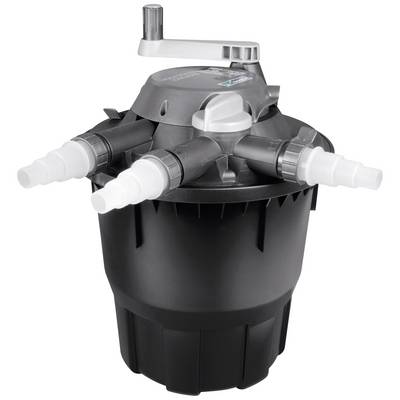 Ein schwarzer Wasserfilter mit grauen Details und mehreren Anschlüssen.