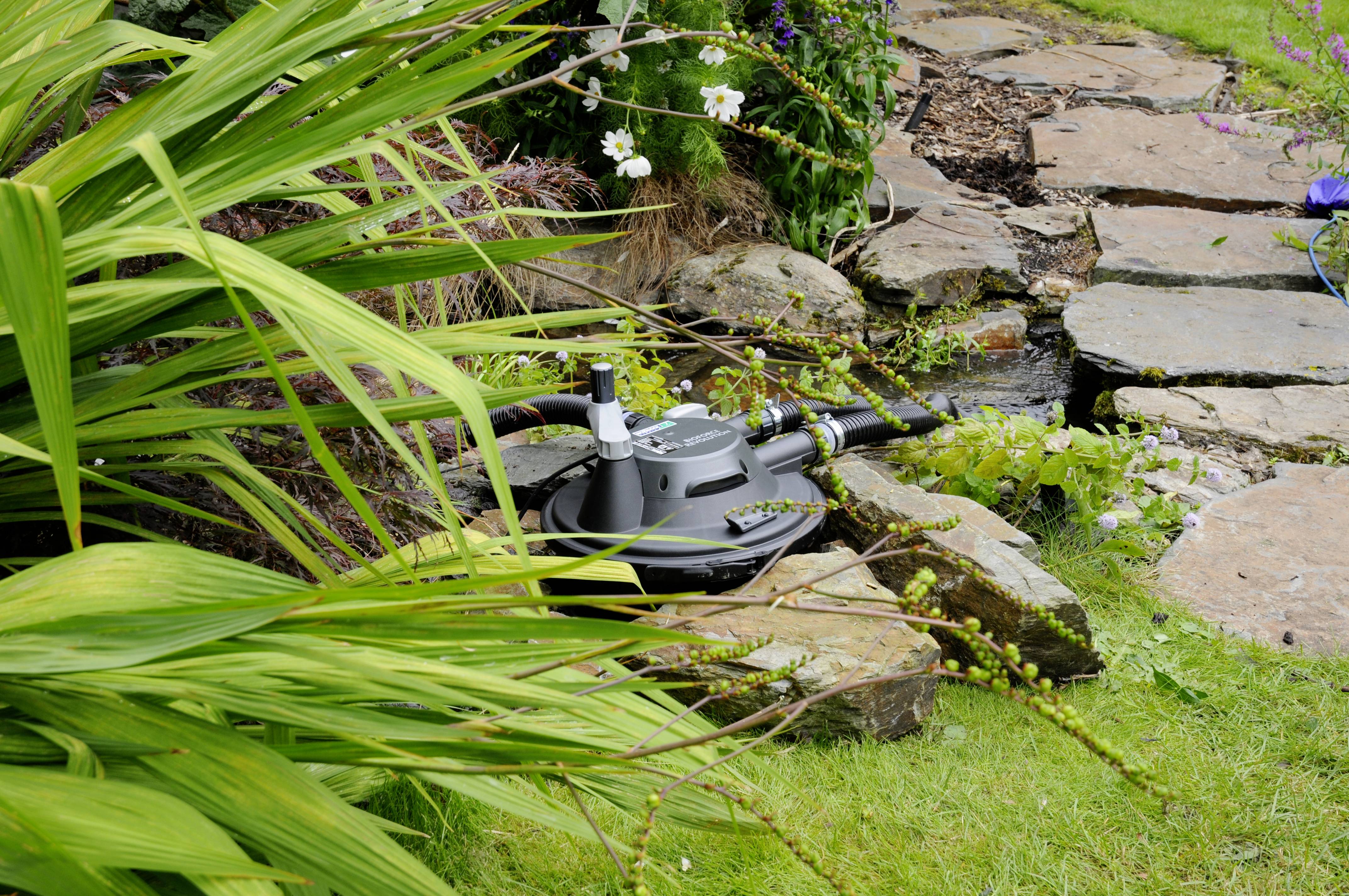 'Ein Teichfilter befindet sich in einem Gartenbereich mit großen Pflanzen und steinernen Wegen. Der Filter ist an Schläuche angeschlossen.'