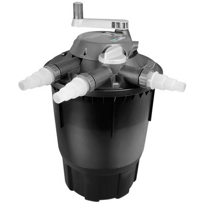Ein schwarzer Teichfilter mit mehreren Schläuchen und einem Griff oben. Er dient zur Reinigung von Teichwasser und Verbesserung der Wasserqualität.